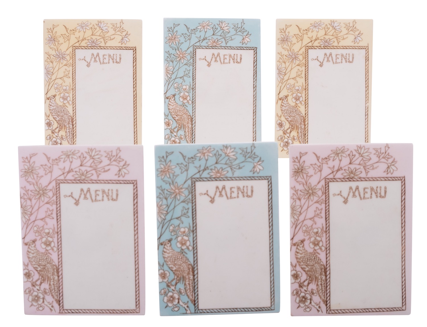 A set of six English porcelain menu cards, early 20th century, with easel supports,