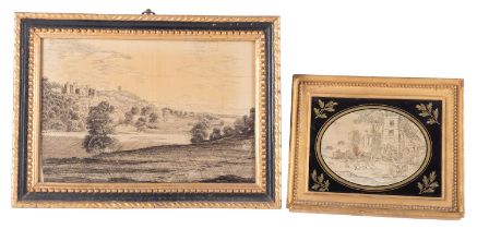 Two 19th century black thread embroidered pictures the first depicting a large crenellated country