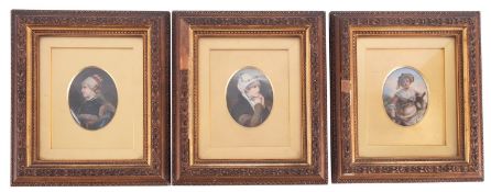 Three Continental porcelain oval plaques, each painted with a female portrait, 8cm high,