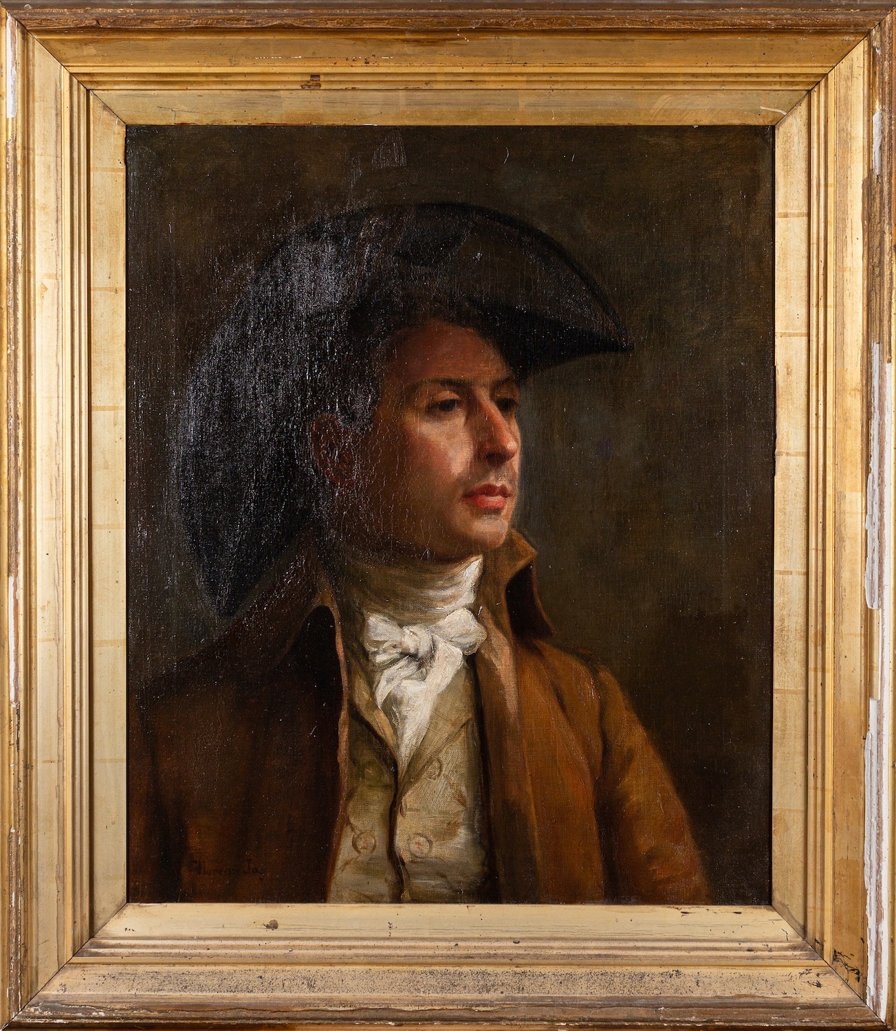French School, 19th Century Portrait of a gentleman in a black hat with brown coat Oil on canvas 59. - Image 2 of 3