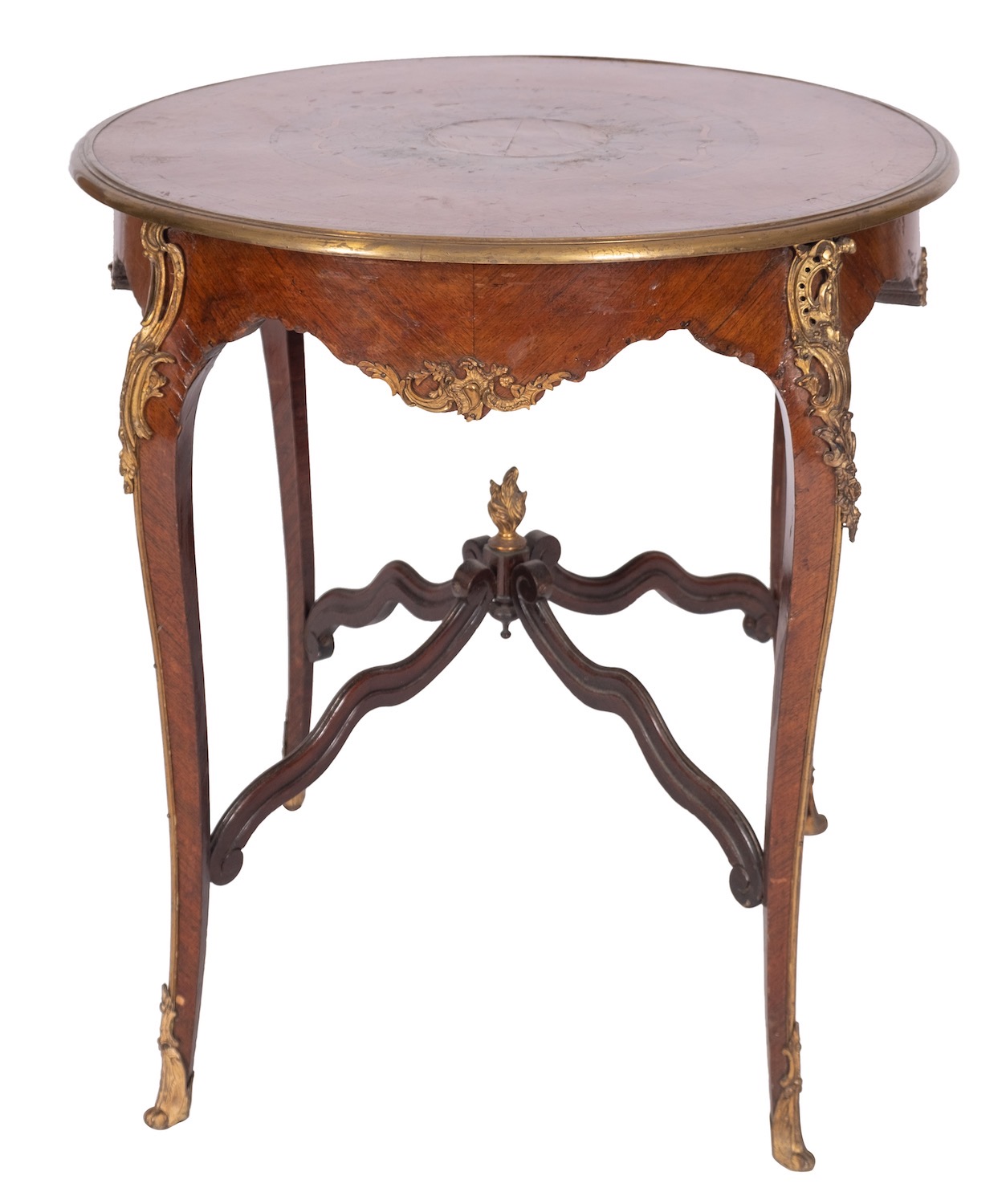 A walnut, marquetry and gilt metal mounted centre table in Louis XV style,