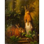 British School, 20th Century Pair of rabbits among milkweed Oil on panel 21.