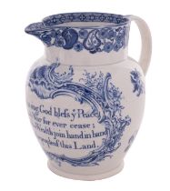 An early 19th century blue and white pearlware jug possibly commemorating the Peace of Amiens
