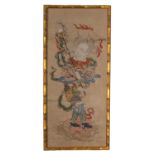 A Japanese gouache, of a flaming deity holding a staff, 73 x 32, in gilt faux bamboo frame.