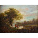 British School (19th Century) A couple in 17th-century costume fishing in the river under a