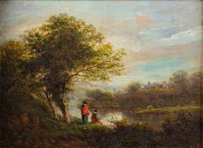 British School (19th Century) A couple in 17th-century costume fishing in the river under a
