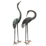 A pair of large patinated metal garden models of cranes, modern; naturalistically cast standing,