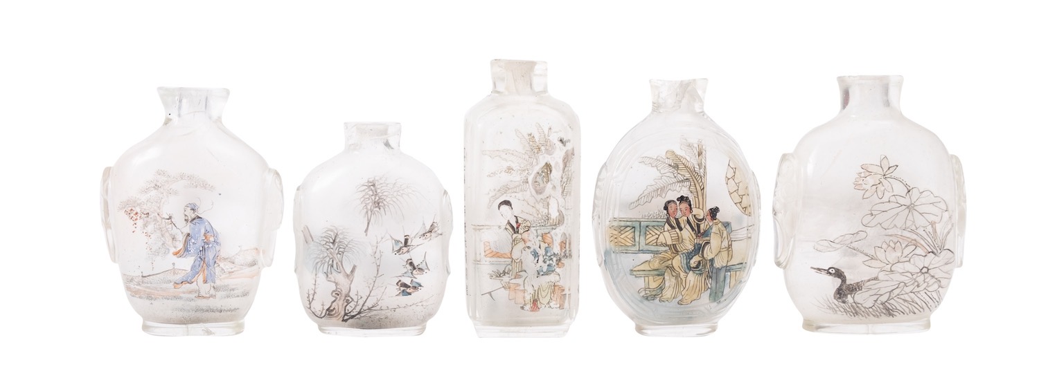 Five Chinese interior painted glass snuff bottles, tallest 8cm high, [damages].