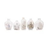 Five Chinese interior painted glass snuff bottles, tallest 8cm high, [damages].