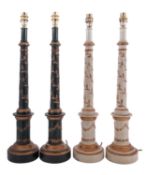 Two pairs of painted and parcel gilt composition columnar table lamps,