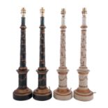 Two pairs of painted and parcel gilt composition columnar table lamps,