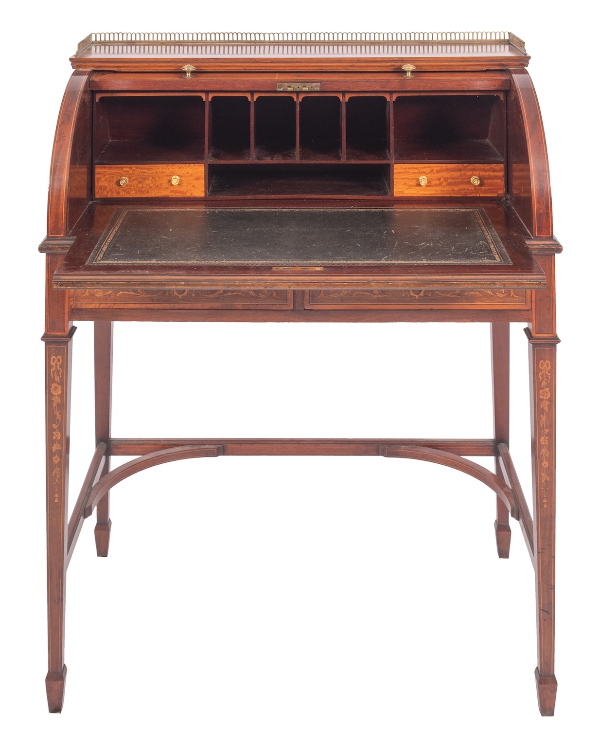 A late Victorian or Edwardian mahogany and marquetry rolltop desk in Napoleon III taste, - Image 2 of 2