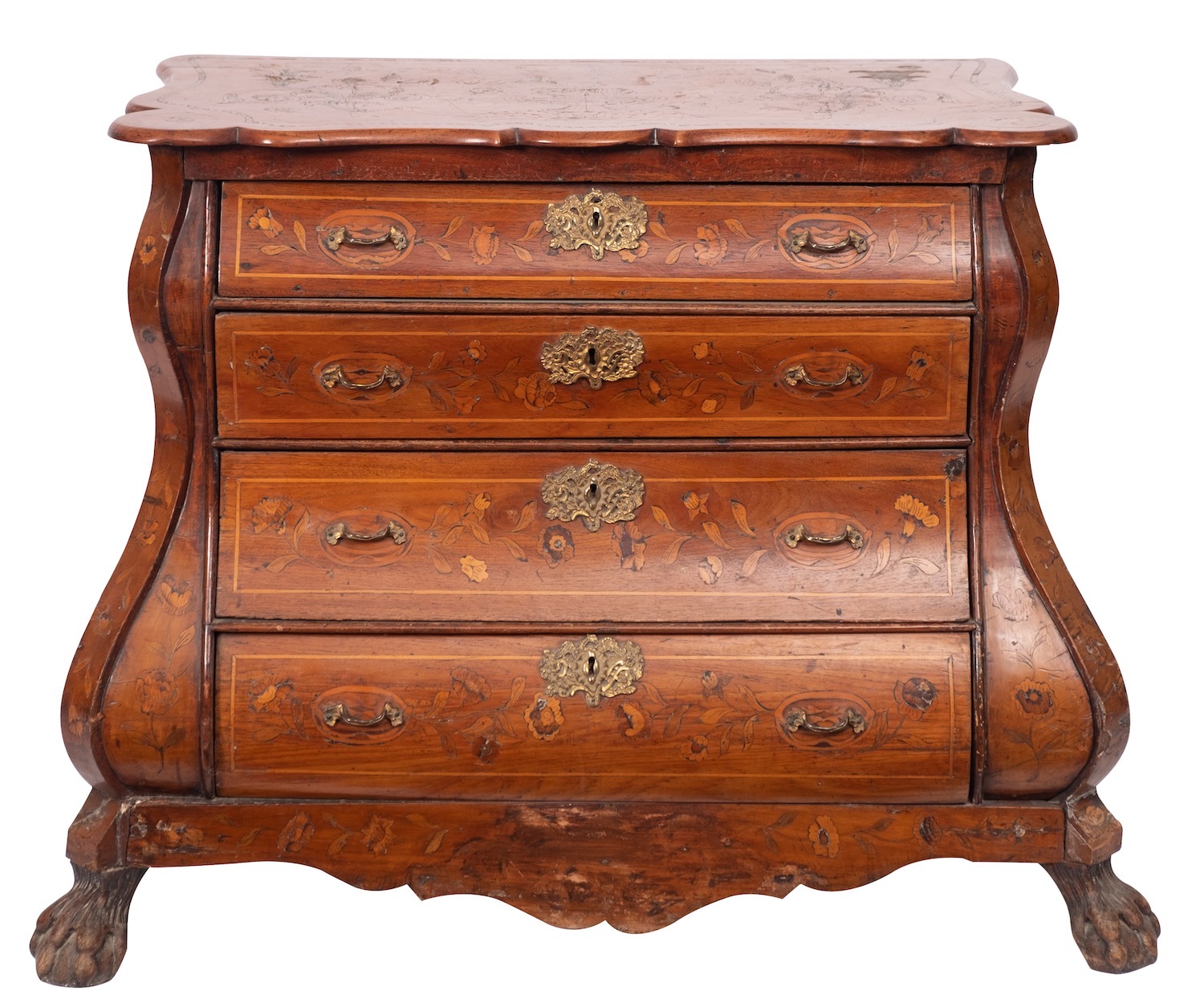 A walnut and marquetry bombe commode, in 18th century style,