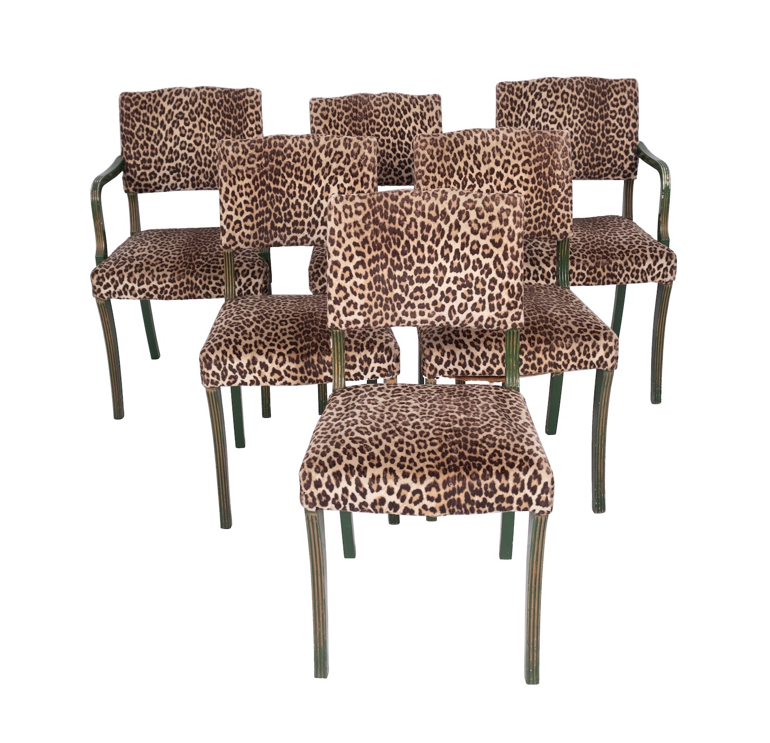 A set of six green painted wood and faux leopardskin upholstered side chairs,