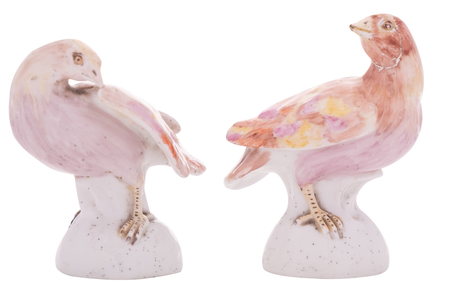 A pair of Bow-style porcelain figures of birds in Bow style one preening it's feathers,