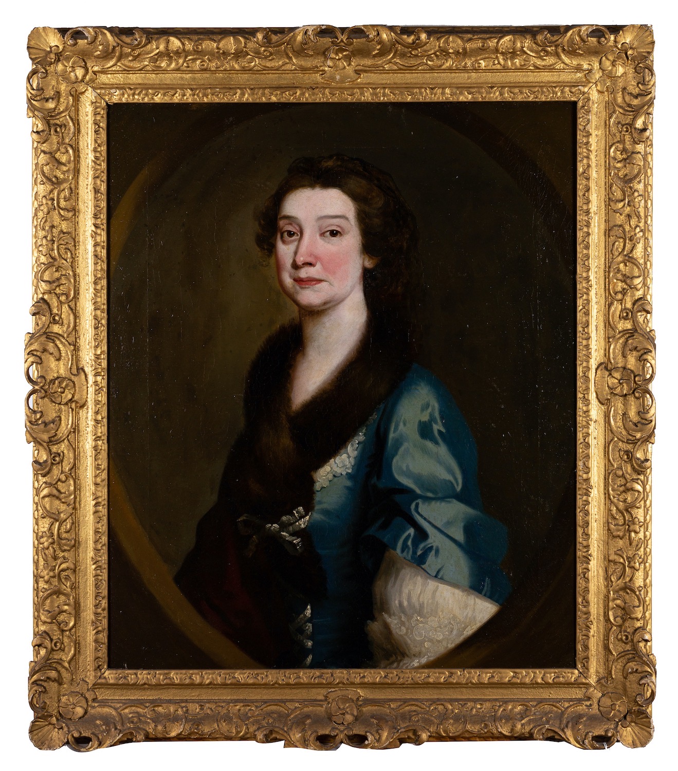 British School, 18th Century Portrait of a young woman in a blue dress wearing a fur stole, - Image 2 of 3