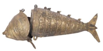 A West African, possibly Fon/Benin, cast brass box in the form of a fish, 38cm long.