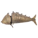 A West African, possibly Fon/Benin, cast brass box in the form of a fish, 38cm long.