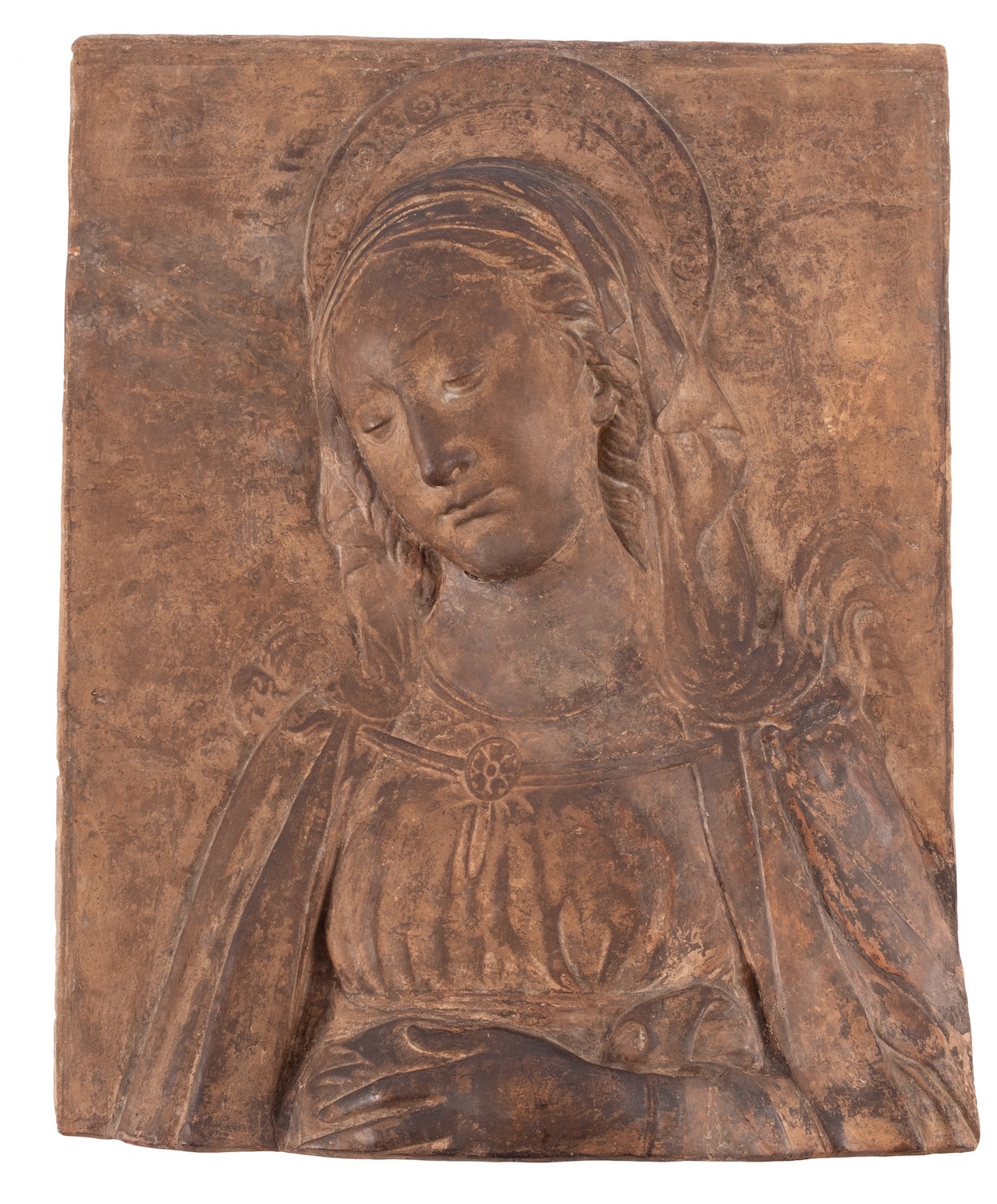 A terracotta high relief of a female Saint 39 x 31cm [broken across and repaired].