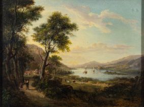 Patrick Nasmyth (British, 1787-1831) A Highland Loch scene with a settlement,