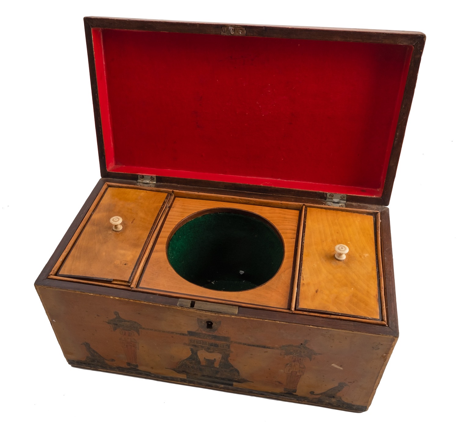 A George III Japanned and pen worked tea caddy, circa 1800; the hinged cover, front, - Image 2 of 6