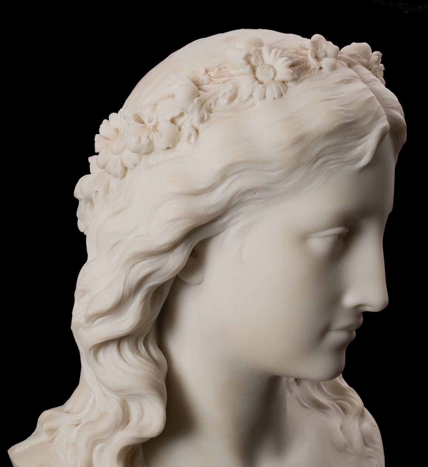 Eugene Antoine Aizelin, (French 1821-1902), a sculpted white marble bust of a maiden, La Reverie, - Image 4 of 6