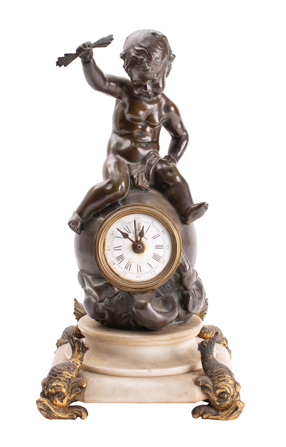 An alabaster and bronze mantel clock having an eight-day duration movement,