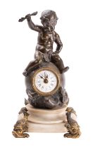 An alabaster and bronze mantel clock having an eight-day duration movement,