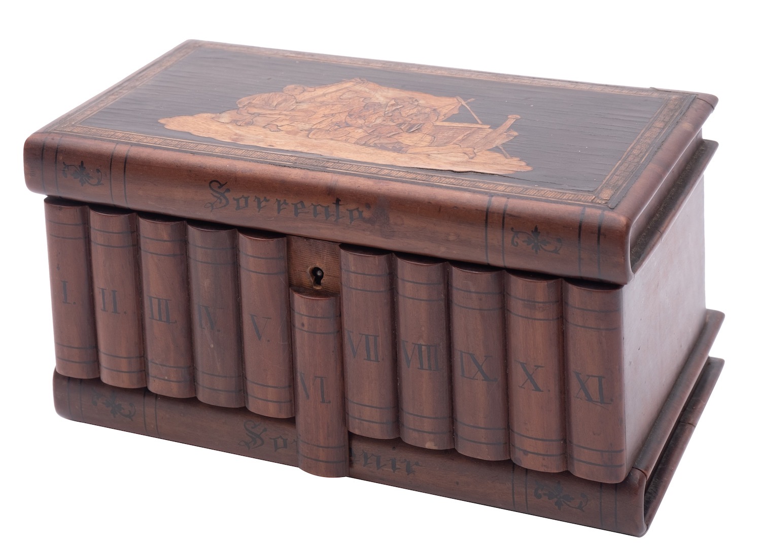 A Sorrentoware olivewood and marquetry novelty box,