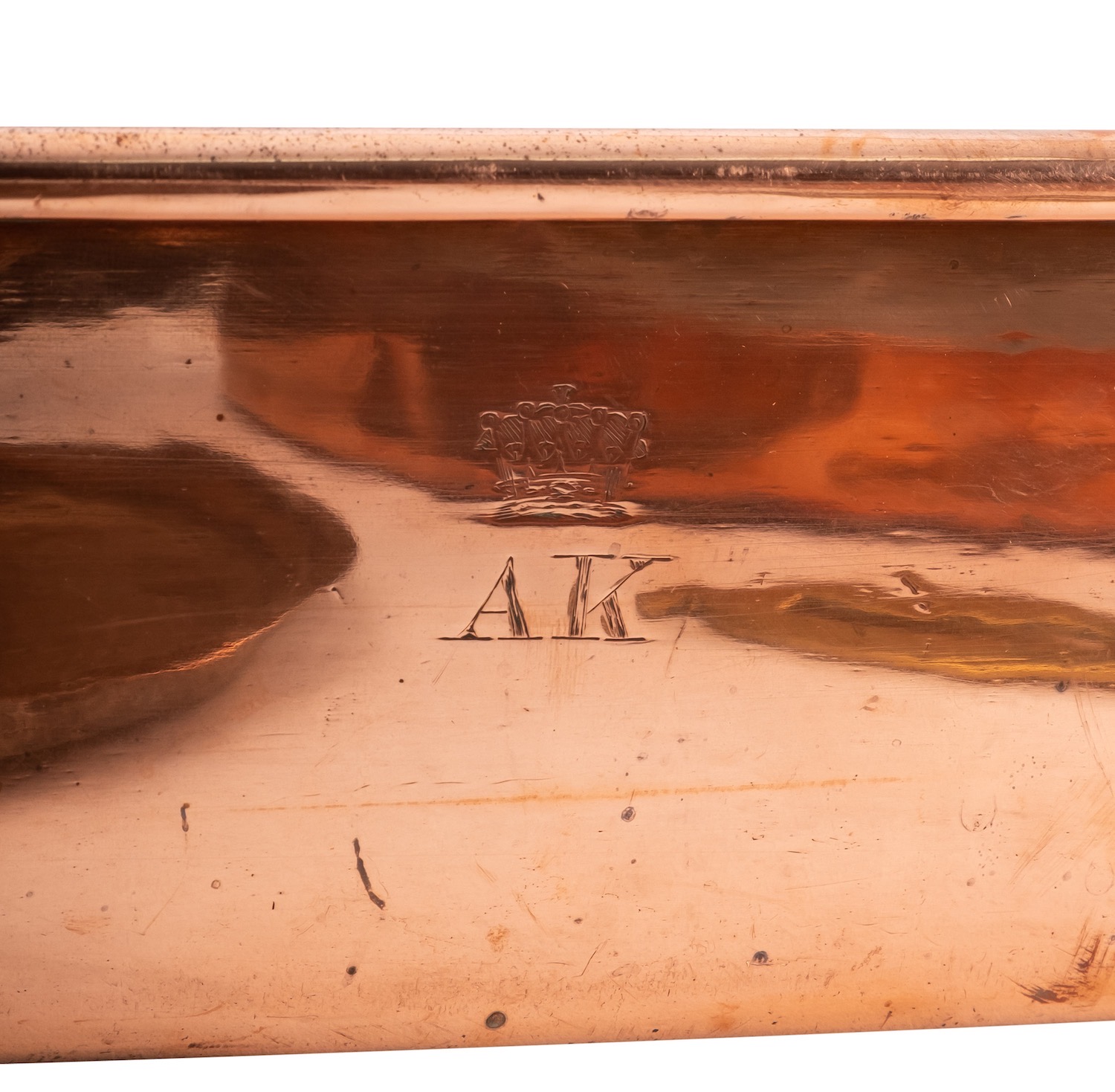 A rectangular copper twin handled pan, early 19th century; engraved with AK beneath a coronet, - Image 2 of 2