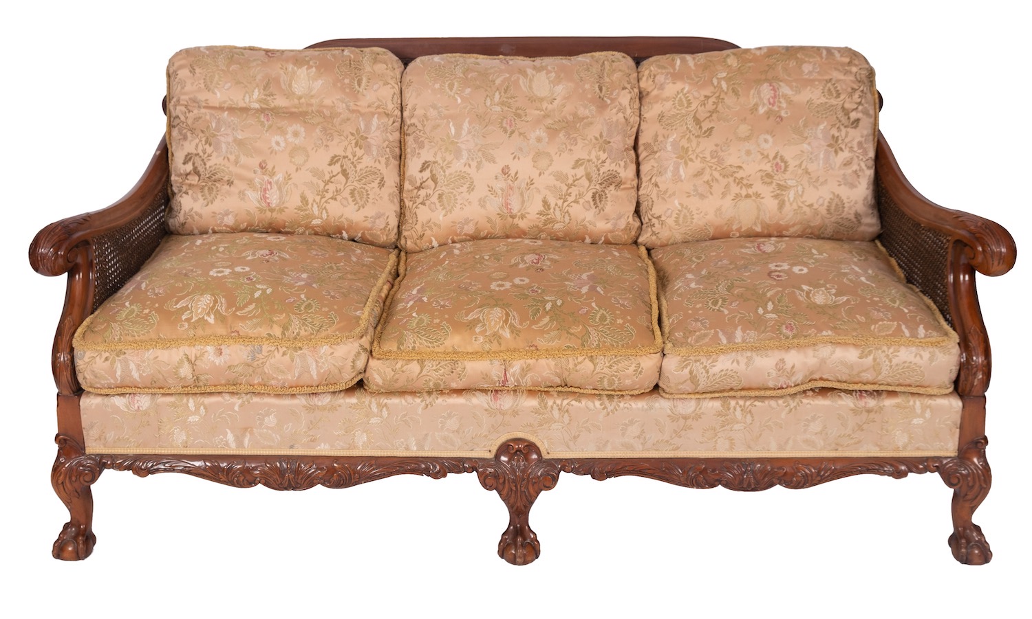 A carved mahogany and Damask silk upholstered bergère suite,