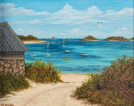 Mary Winter (British, Contemporary) Isles of Scilly, Cornwall Three oils on board The largest 27.