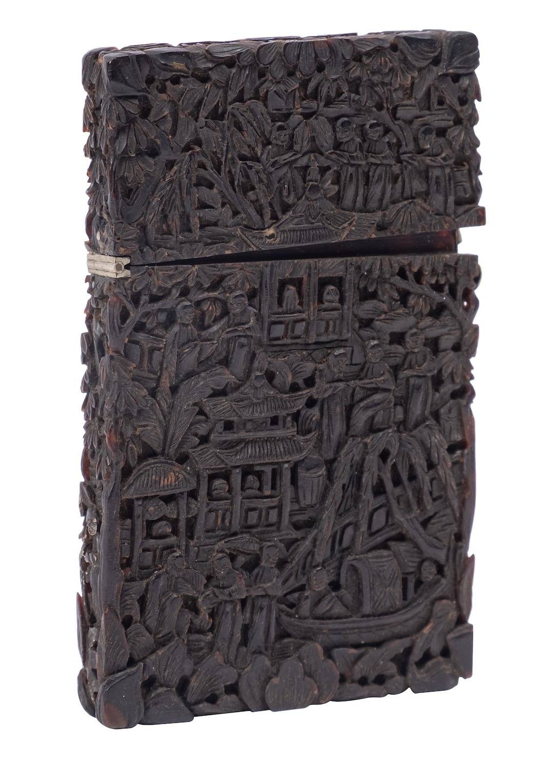 A Chinese tortoiseshell card case, carved with numerous figures in a landscape, 11.