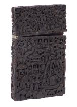 A Chinese tortoiseshell card case, carved with numerous figures in a landscape, 11.