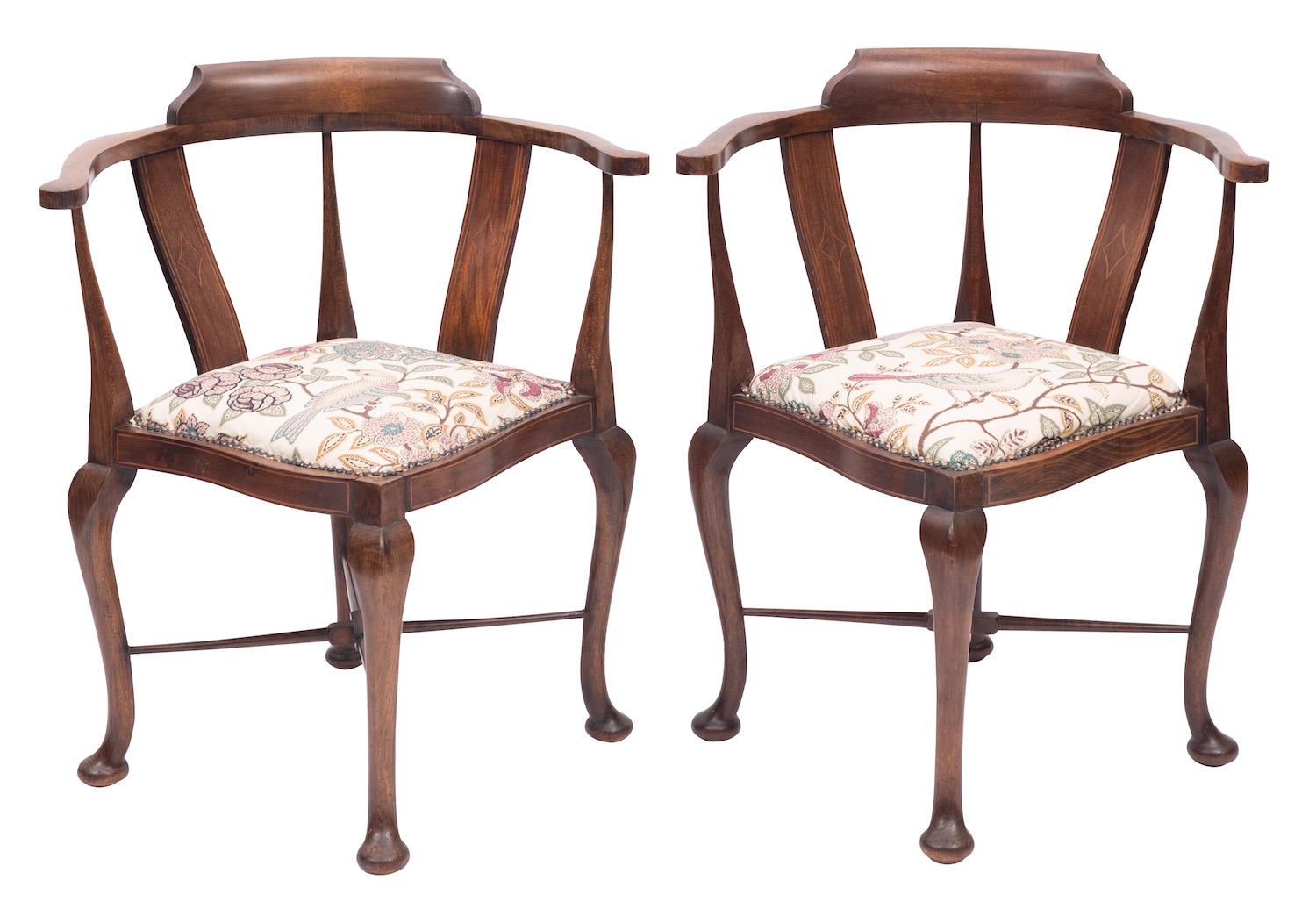 A pair of Edwardian stained hardwood and line inlaid corner chairs,