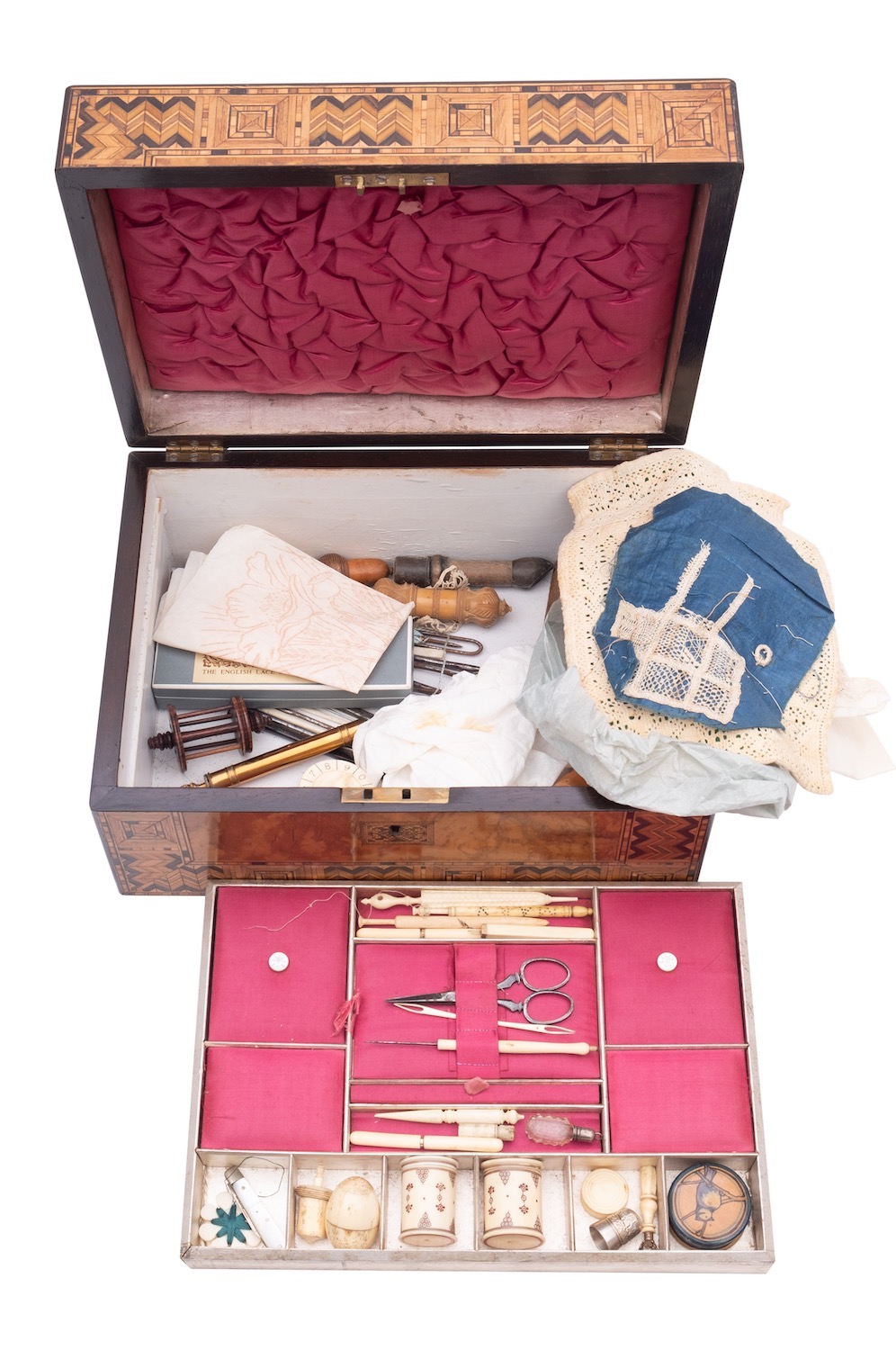 A Victorian parquetry inlaid walnut sewing box the interior fitted with a lift-out tray and - Image 2 of 2