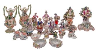 A quantity of primarily Continental porcelain, comprising gold anchor and other figures, animals,