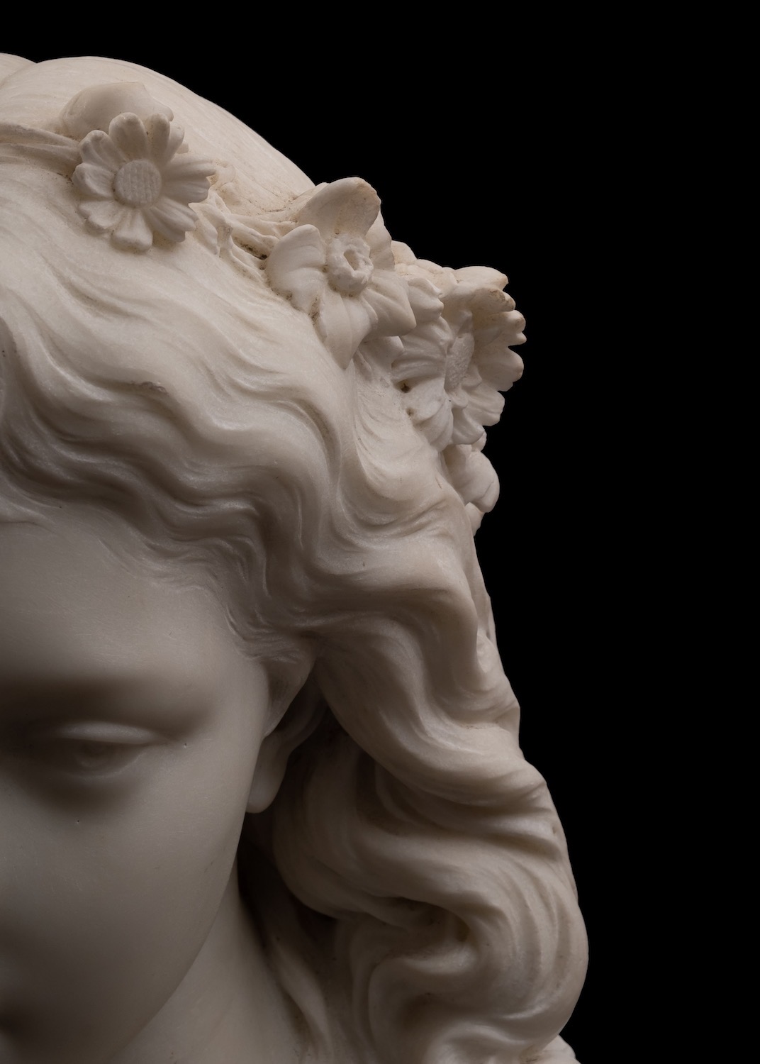 Eugene Antoine Aizelin, (French 1821-1902), a sculpted white marble bust of a maiden, La Reverie, - Image 3 of 6
