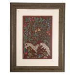 An Indian crewel work panel depicting panthers in foliage, 20th century; mounted,