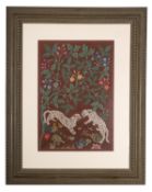An Indian crewel work panel depicting panthers in foliage, 20th century; mounted,