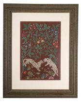 An Indian crewel work panel depicting panthers in foliage, 20th century; mounted,