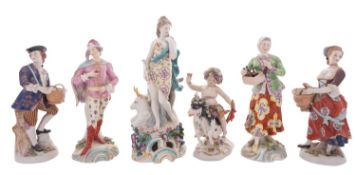 A Continental porcelain figure of Europa and the Bull in the Derby manner together with five other
