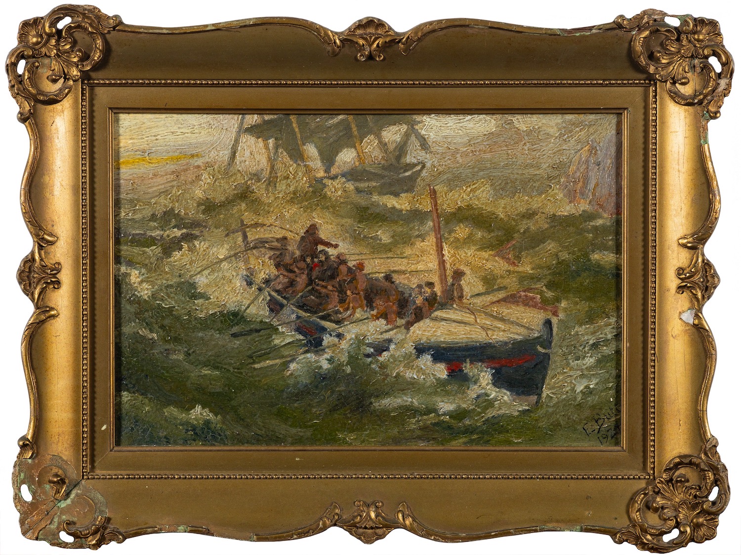 E. Butt (British, 20th Century) A lifeboat in rough seas Oil on canvas 19. - Image 2 of 2