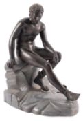A Continental patinated bronze and 'dove grey' marble mounted model of Mercury Resting,