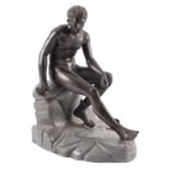 A Continental patinated bronze and 'dove grey' marble mounted model of Mercury Resting,