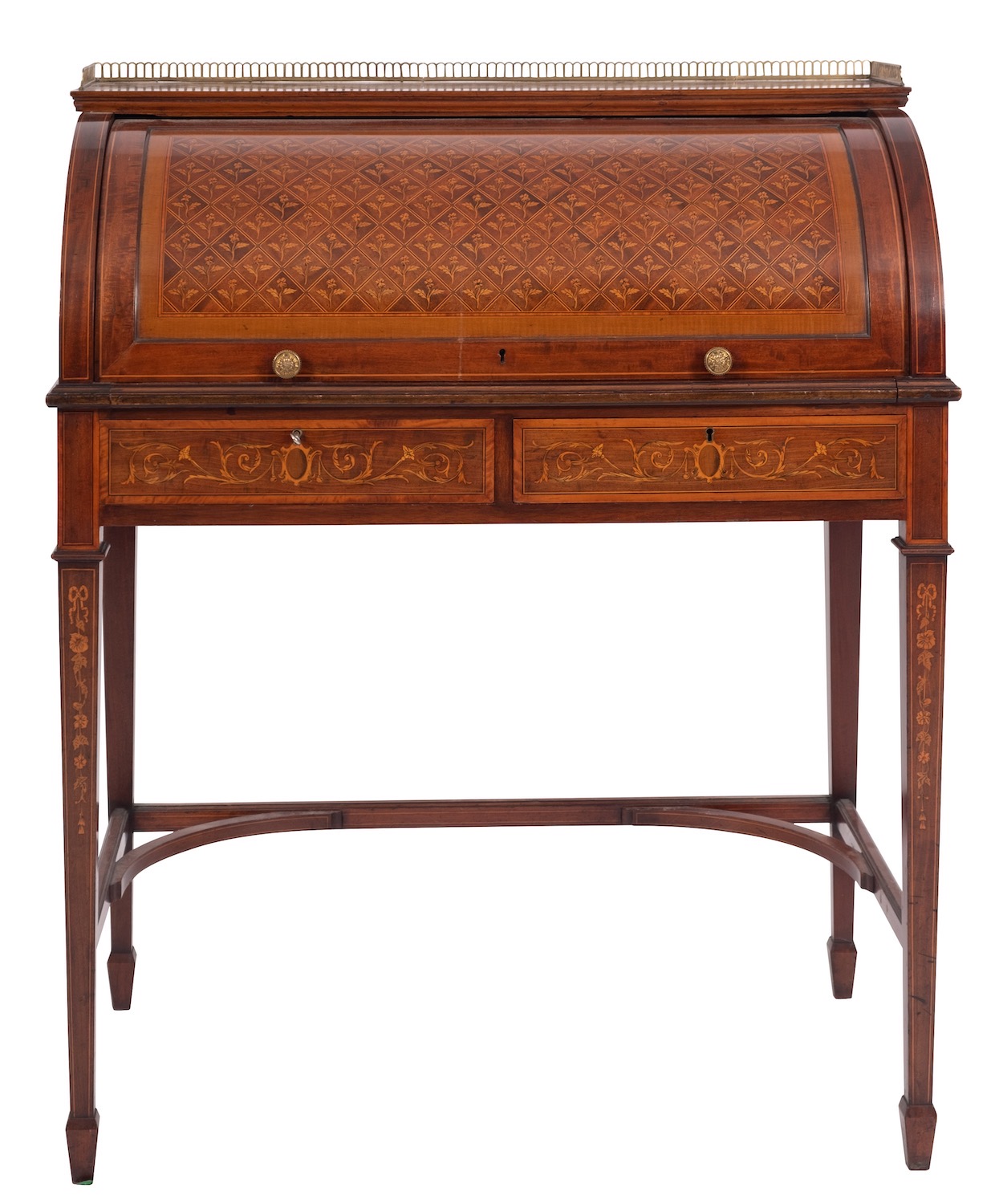 A late Victorian or Edwardian mahogany and marquetry rolltop desk in Napoleon III taste,