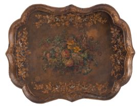 A Victorian painted, lacquered and mother-of-pearl inset papier-mâché tray,