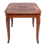 A Sorrentoware walnut and marquetry games table with four chairs en suite,