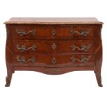 A walnut, parquetry and marble topped serpentine front commode in Louis XV style,