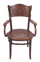 An Austro-German bentwood and embossed elbow chair in Art Nouveau style, by Thonet,